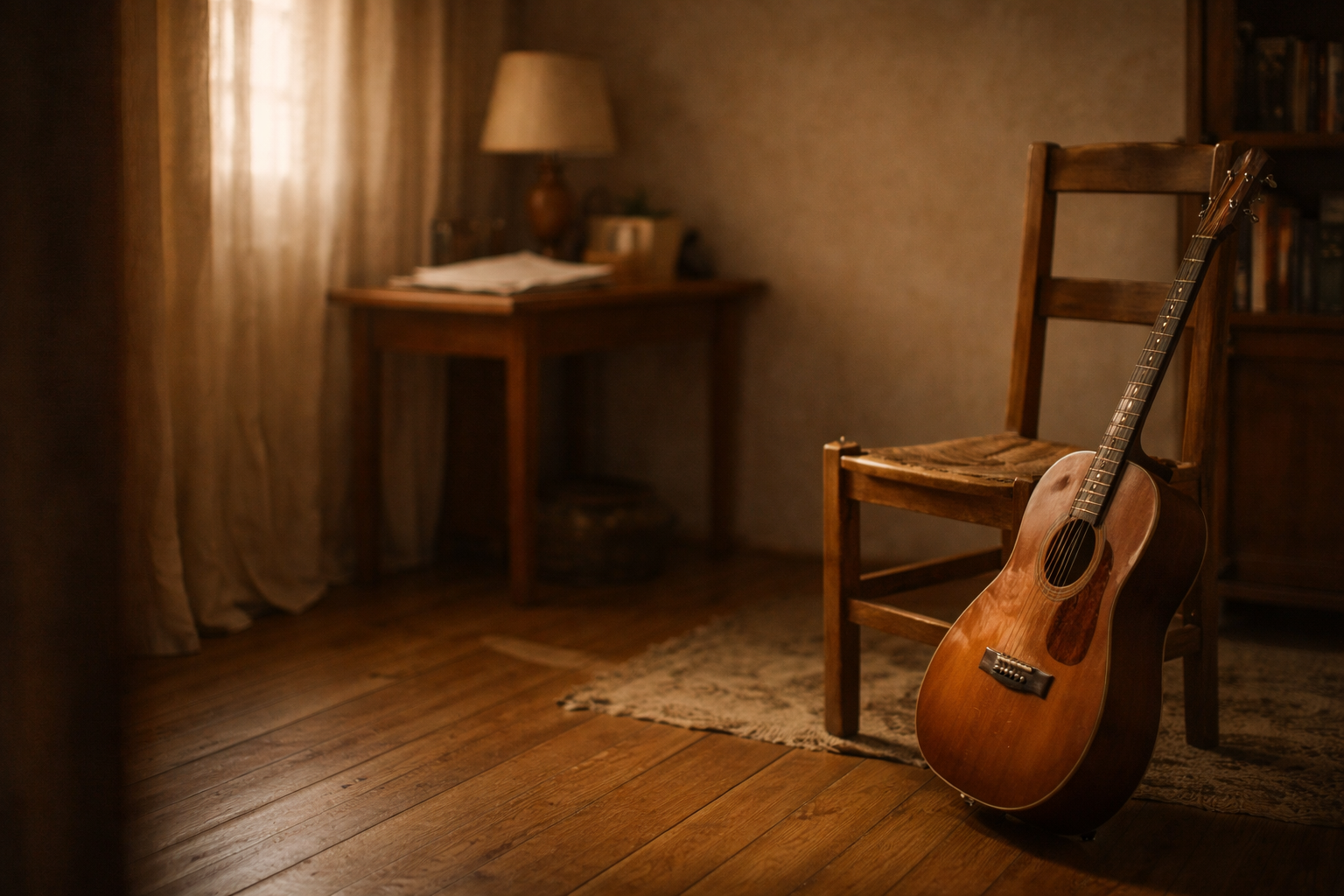 Guitar leaning on chair in cozy room